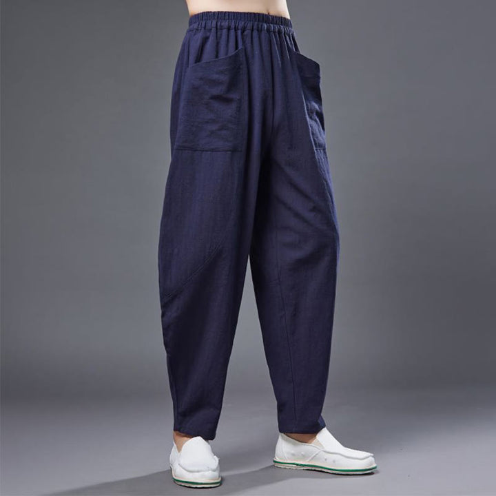 Pantaloni harem da uomo in cotone ramiè e lino tinta unita con elastico in vita e tasche , Buddha Stones