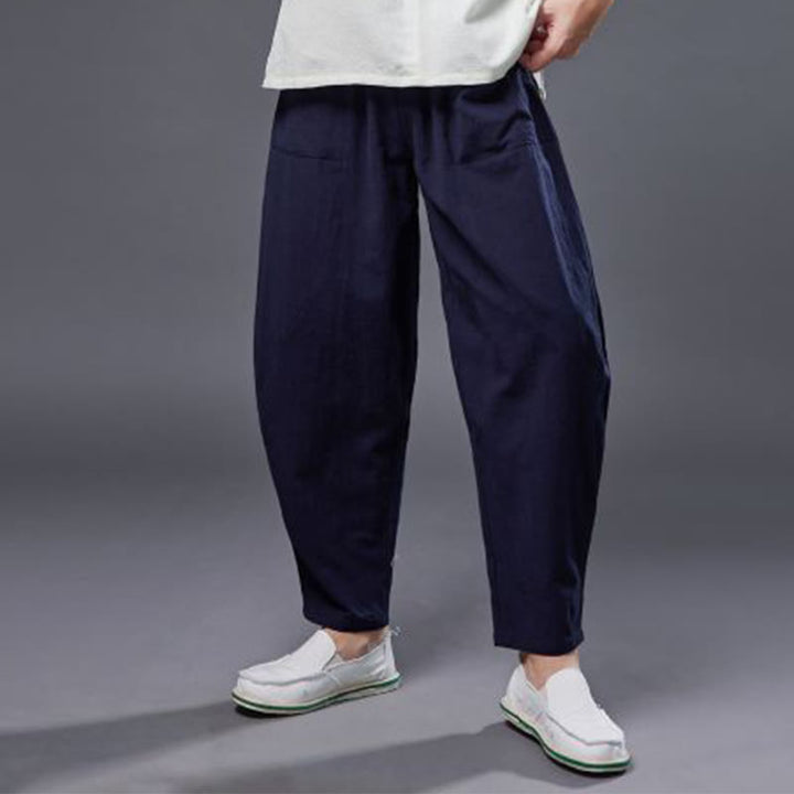 Pantaloni harem da uomo in cotone ramiè e lino tinta unita con elastico in vita e tasche , Buddha Stones