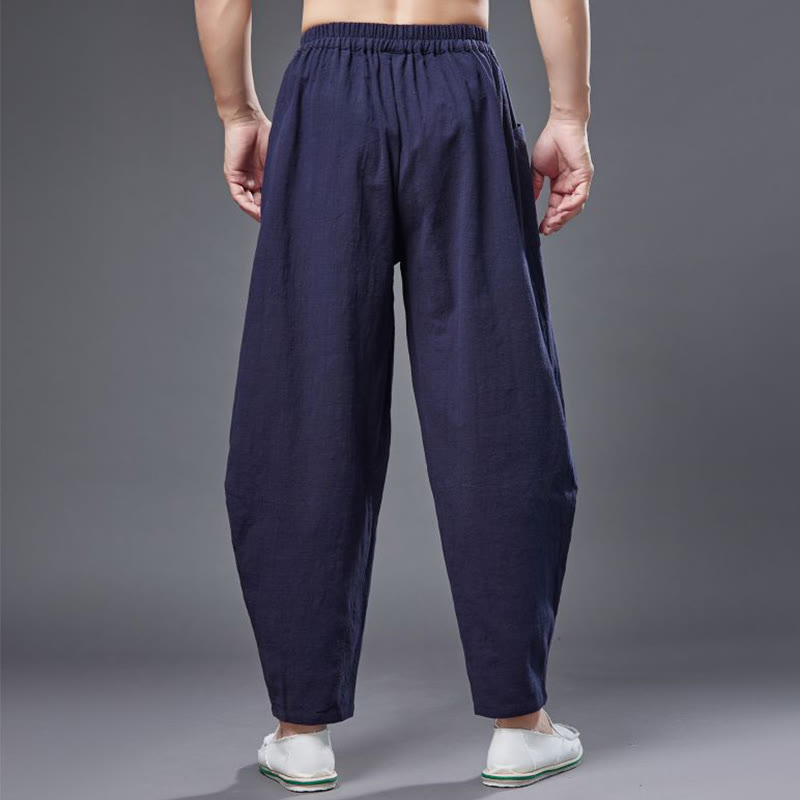 Pantaloni harem da uomo in cotone ramiè e lino tinta unita con elastico in vita e tasche , Buddha Stones