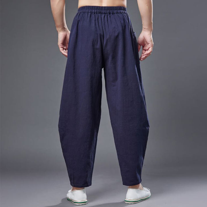 Pantaloni harem da uomo in cotone ramiè e lino tinta unita con elastico in vita e tasche , Buddha Stones