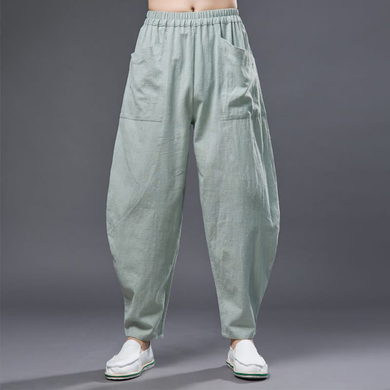 Pantaloni harem da uomo in cotone ramiè e lino tinta unita con elastico in vita e tasche , Buddha Stones