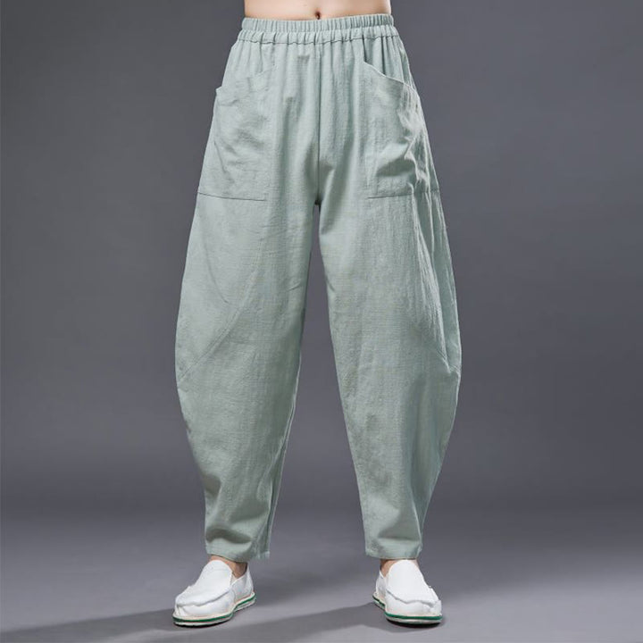 Pantaloni harem da uomo in cotone ramiè e lino tinta unita con elastico in vita e tasche , Buddha Stones