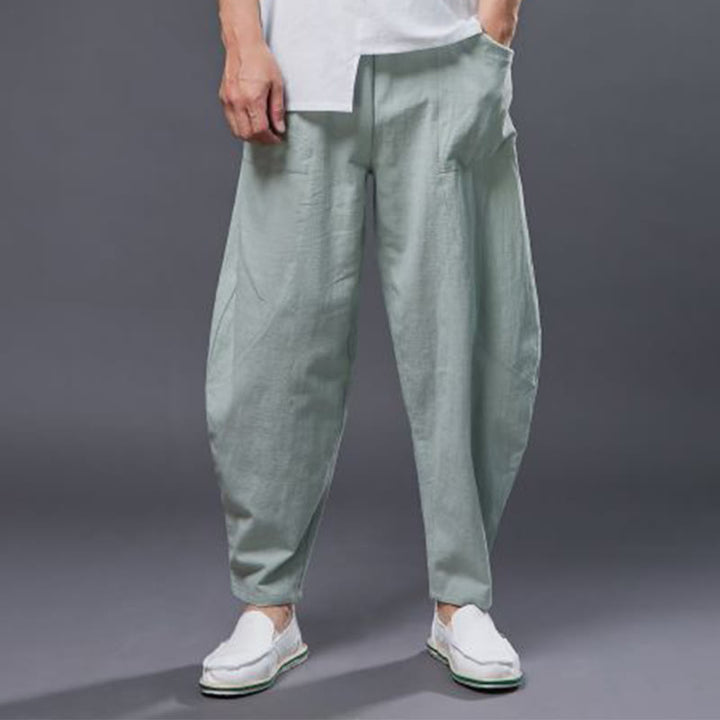 Pantaloni harem da uomo in cotone ramiè e lino tinta unita con elastico in vita e tasche , Buddha Stones