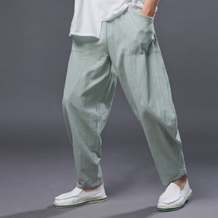 Pantaloni harem da uomo in cotone ramiè e lino tinta unita con elastico in vita e tasche , Buddha Stones