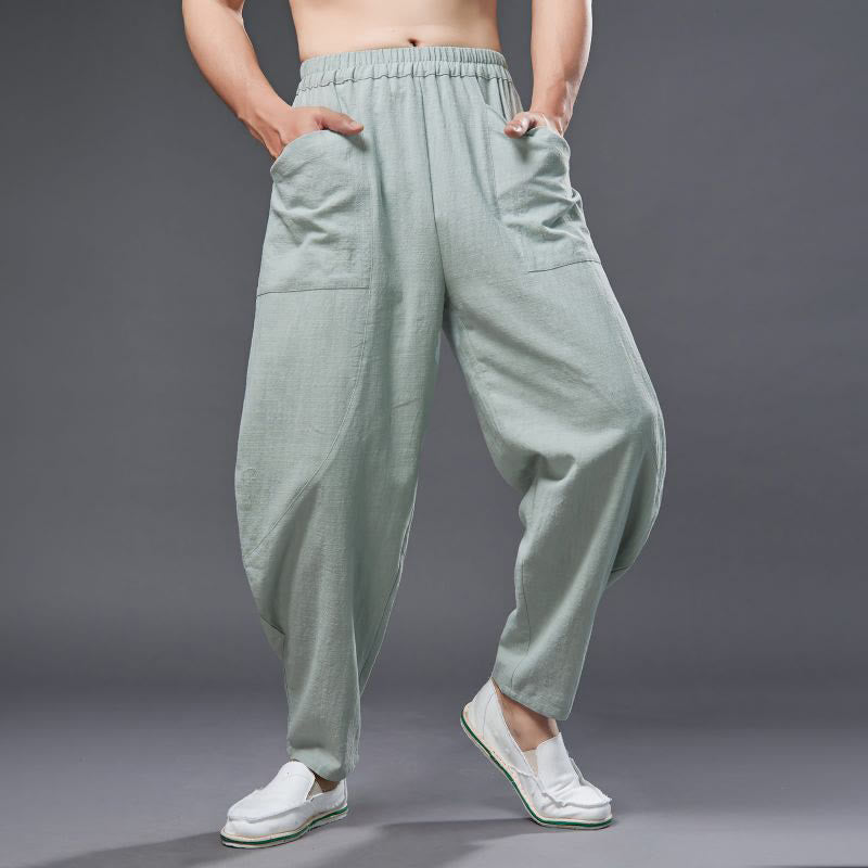 Pantaloni harem da uomo in cotone ramiè e lino tinta unita con elastico in vita e tasche , Buddha Stones