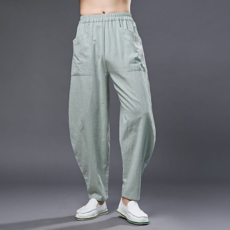 Pantaloni harem da uomo in cotone ramiè e lino tinta unita con elastico in vita e tasche , Buddha Stones - Verde pallido - US/UK/AU38, EU48 (XL) - image 18