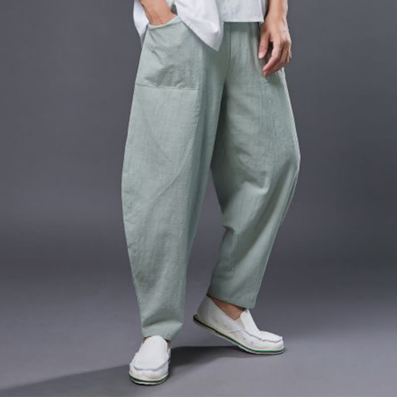 Pantaloni harem da uomo in cotone ramiè e lino tinta unita con elastico in vita e tasche , Buddha Stones