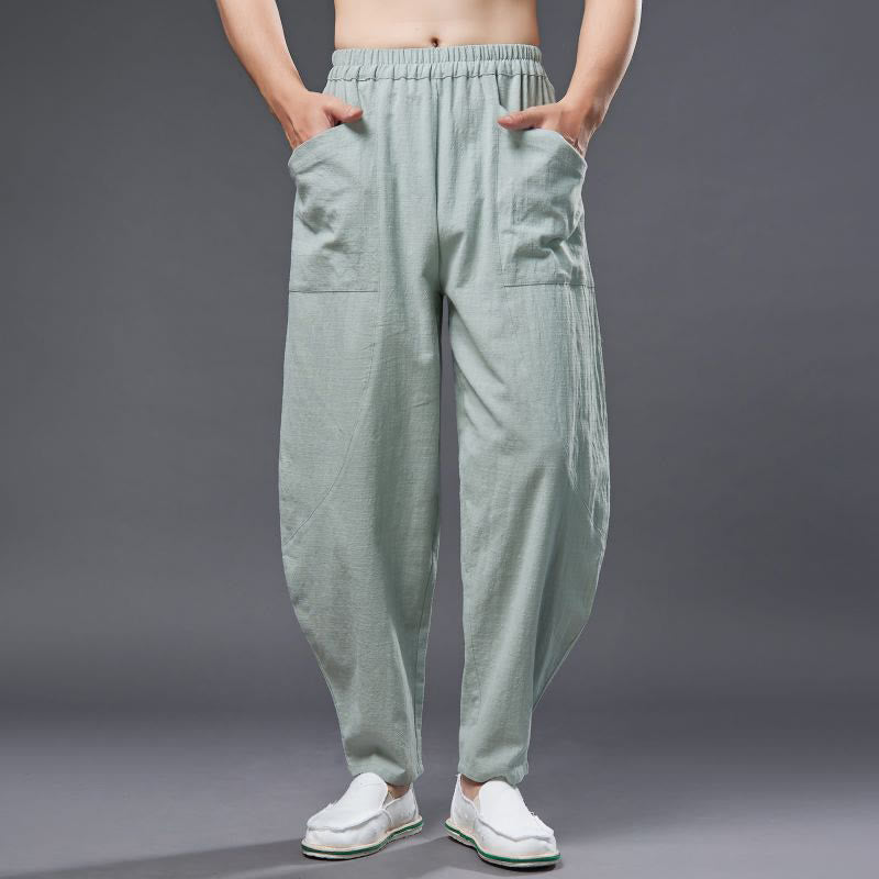 Pantaloni harem da uomo in cotone ramiè e lino tinta unita con elastico in vita e tasche , Buddha Stones