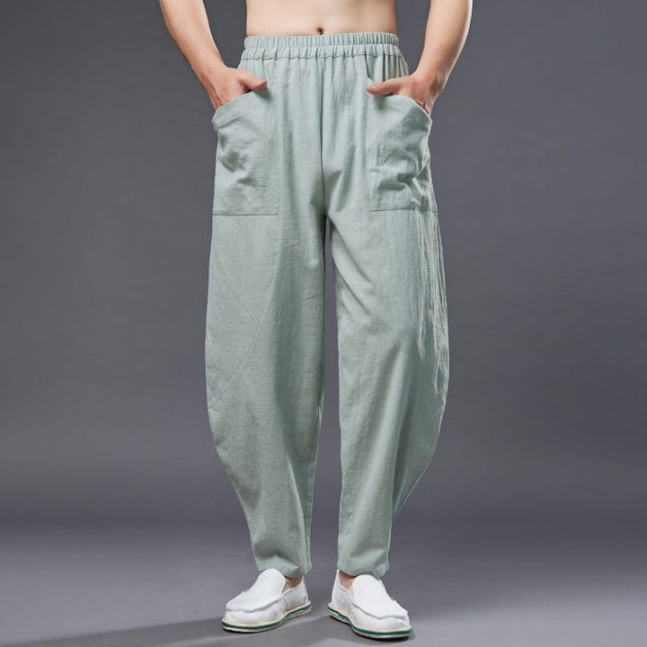 Pantaloni harem da uomo in cotone ramiè e lino tinta unita con elastico in vita e tasche , Buddha Stones