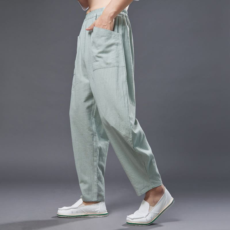 Pantaloni harem da uomo in cotone ramiè e lino tinta unita con elastico in vita e tasche , Buddha Stones