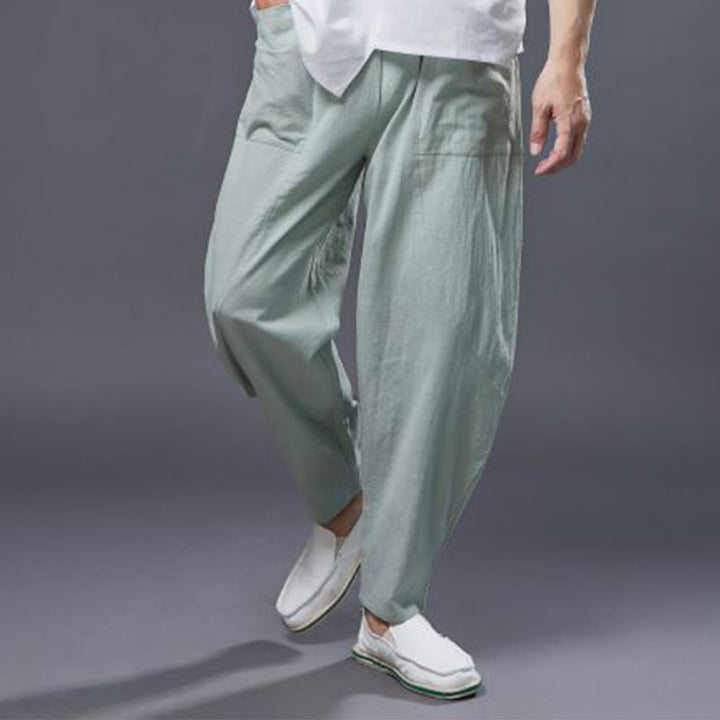 Pantaloni harem da uomo in cotone ramiè e lino tinta unita con elastico in vita e tasche , Buddha Stones