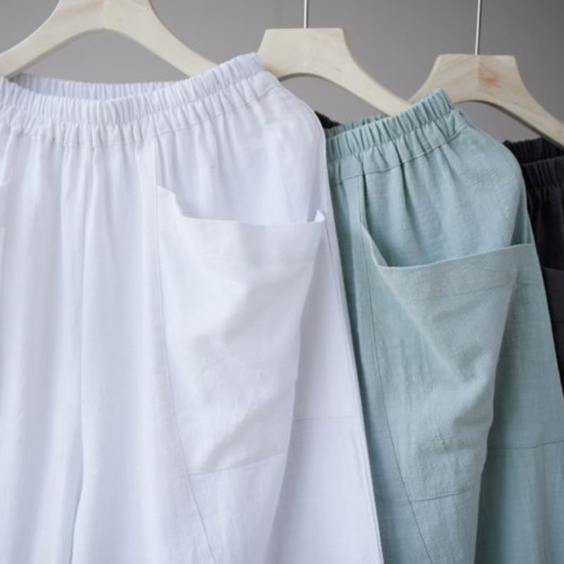 Pantaloni harem da uomo in cotone ramiè e lino tinta unita con elastico in vita e tasche , Buddha Stones