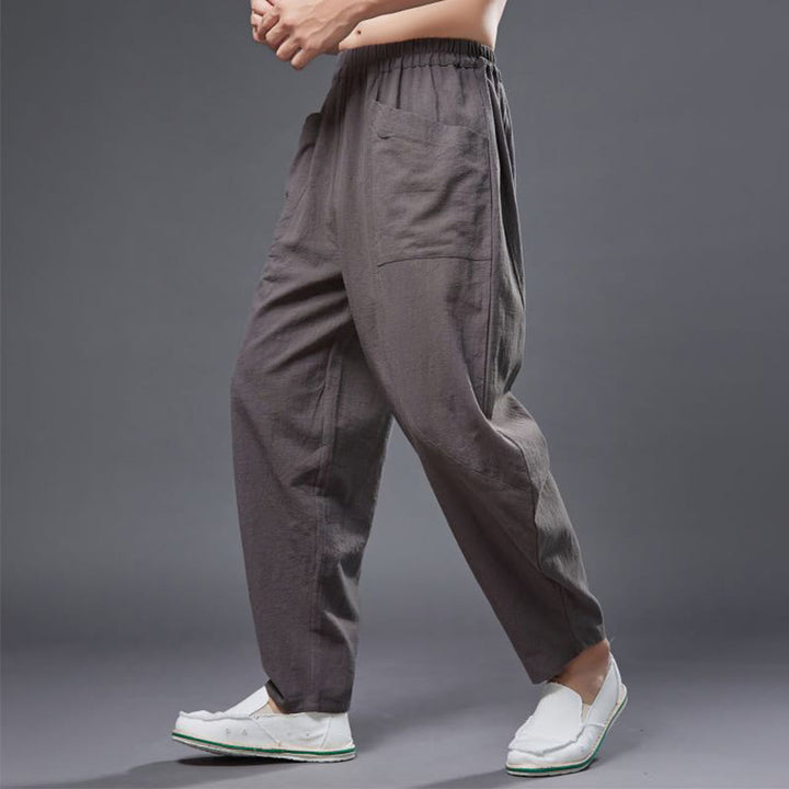 Pantaloni harem da uomo in cotone ramiè e lino tinta unita con elastico in vita e tasche , Buddha Stones