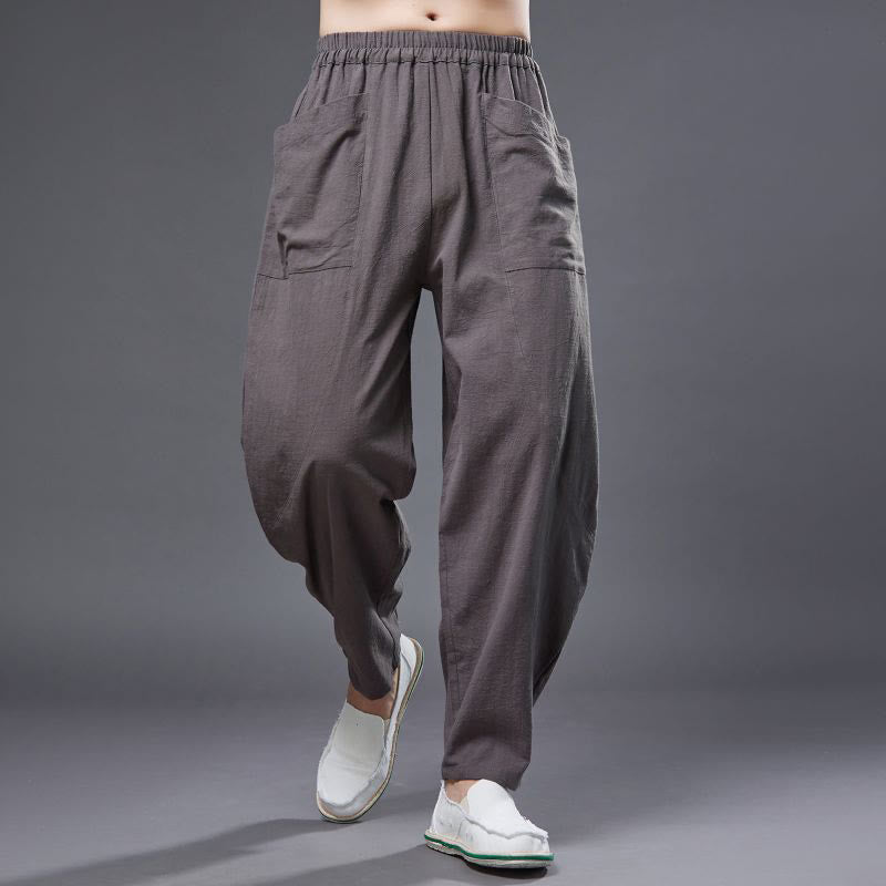 Pantaloni harem da uomo in cotone ramiè e lino tinta unita con elastico in vita e tasche , Buddha Stones