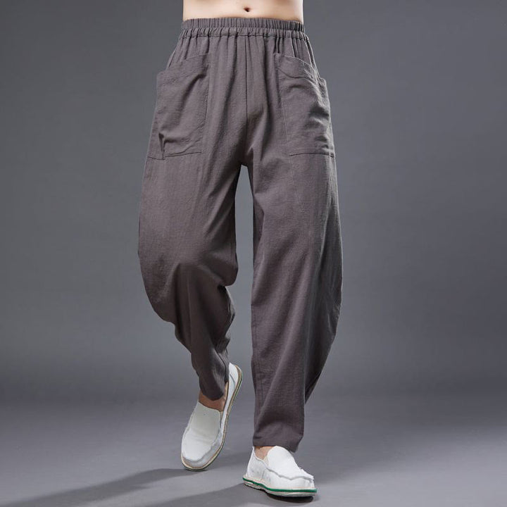 Pantaloni harem da uomo in cotone ramiè e lino tinta unita con elastico in vita e tasche , Buddha Stones