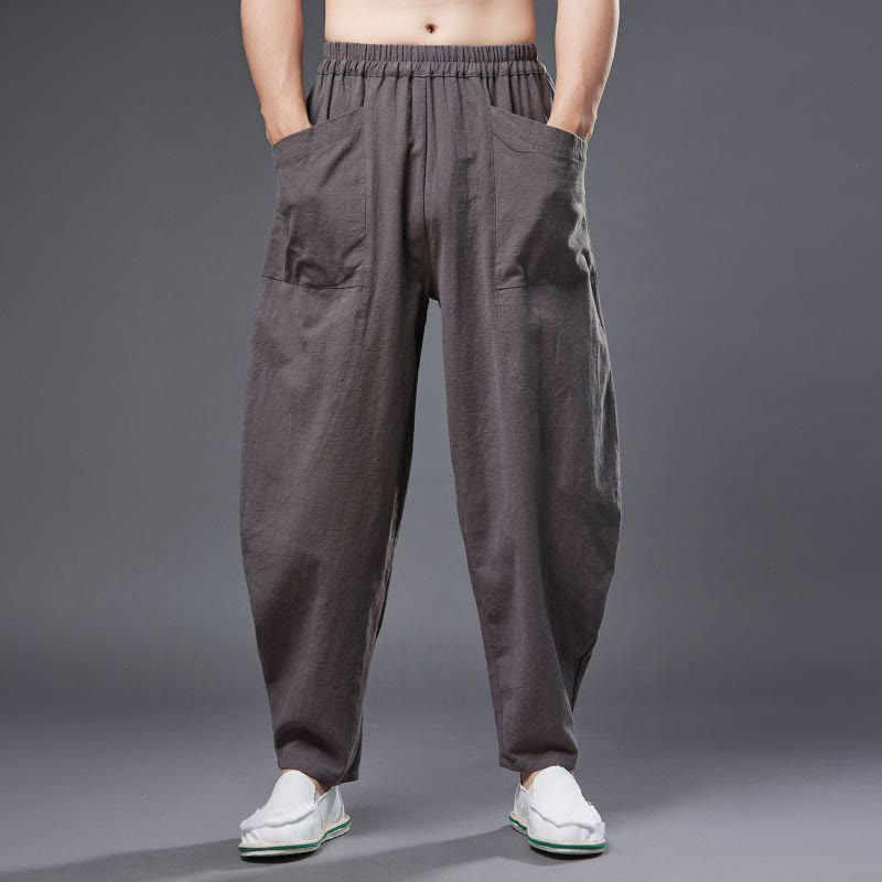 Pantaloni harem da uomo in cotone ramiè e lino tinta unita con elastico in vita e tasche , Buddha Stones