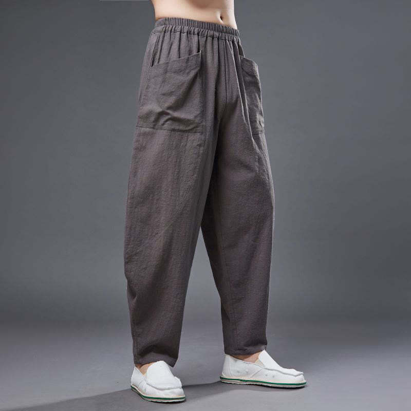 Pantaloni harem da uomo in cotone ramiè e lino tinta unita con elastico in vita e tasche , Buddha Stones