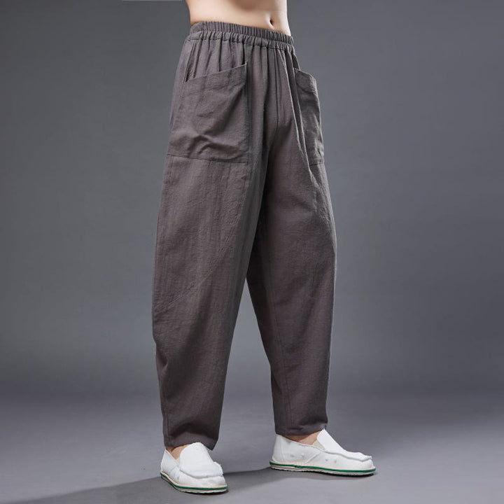 Pantaloni harem da uomo in cotone ramiè e lino tinta unita con elastico in vita e tasche , Buddha Stones