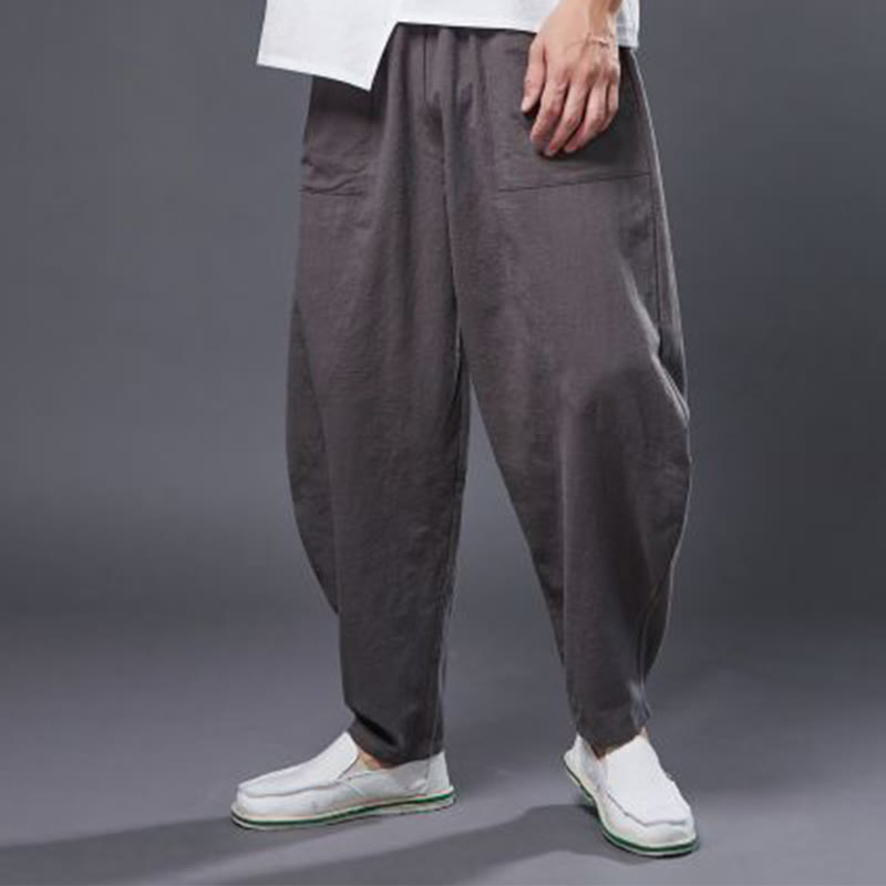 Pantaloni harem da uomo in cotone ramiè e lino tinta unita con elastico in vita e tasche , Buddha Stones