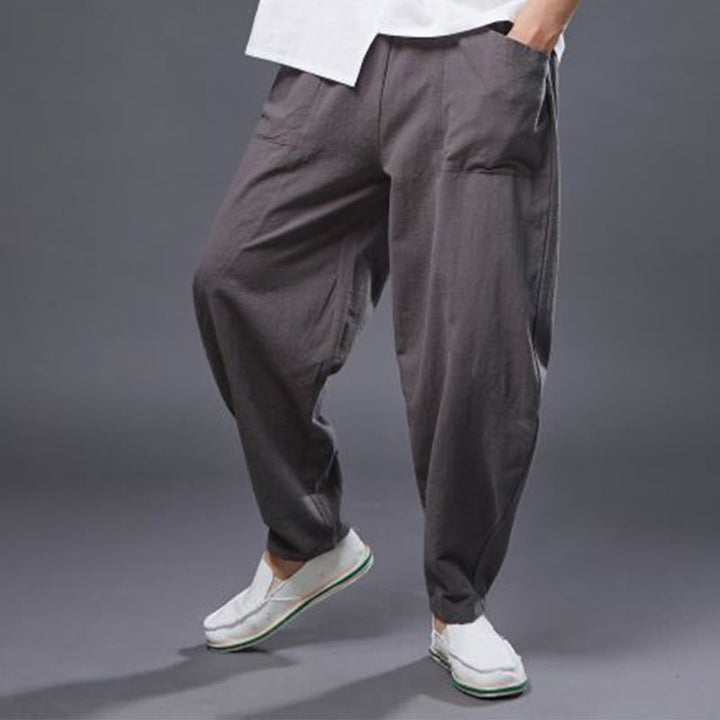 Pantaloni harem da uomo in cotone ramiè e lino tinta unita con elastico in vita e tasche , Buddha Stones