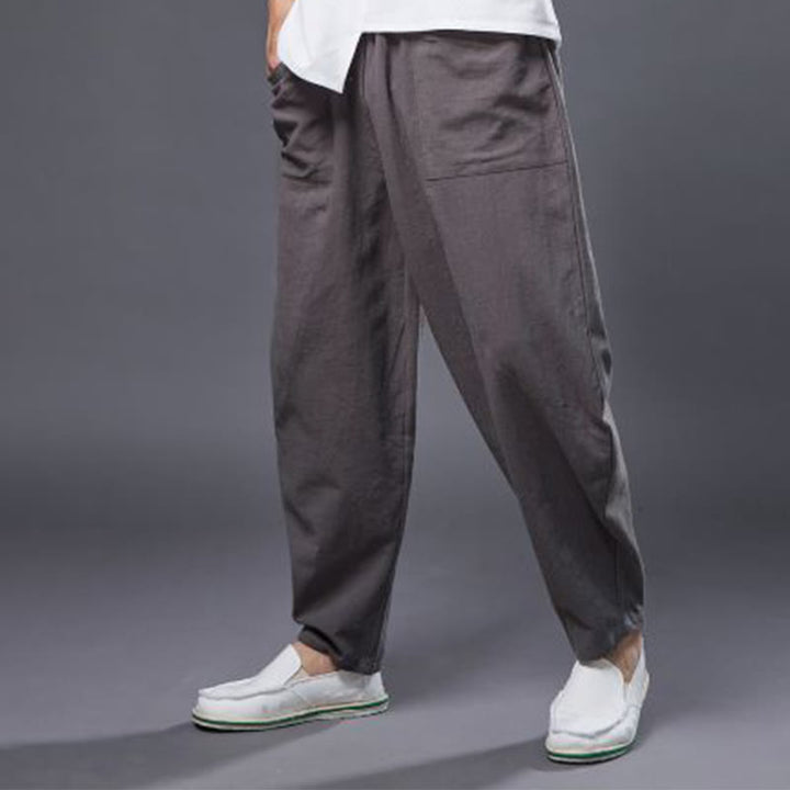 Pantaloni harem da uomo in cotone ramiè e lino tinta unita con elastico in vita e tasche , Buddha Stones