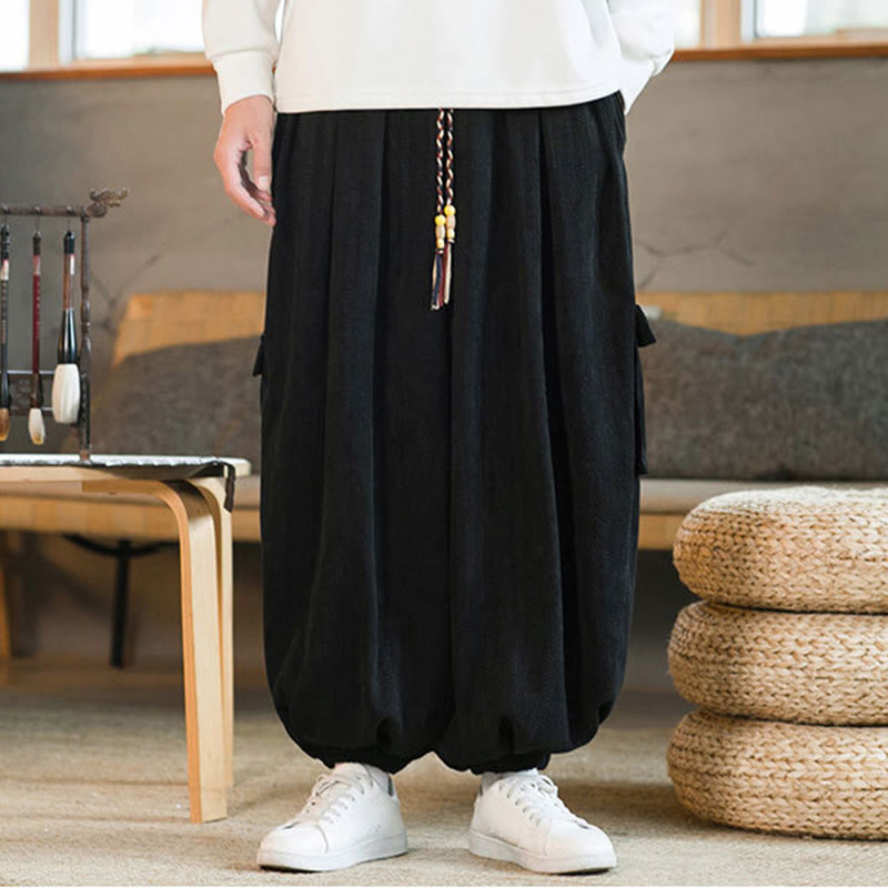 Pantaloni cargo in velluto a coste con coulisse e tasche da uomo Buddha Stones autunno inverno - image 1