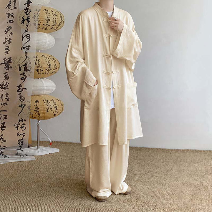 Buddha Stones 2 pezzi da uomo manica lunga rana-bottoni camicia pantaloni meditazione zen cotone abbigliamento set - Grano - US/UK/AU46, EU56 (5XL) - image 0