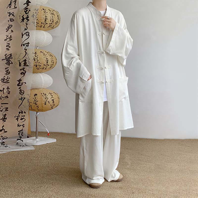 Buddha Stones 2 pezzi da uomo manica lunga rana-bottoni camicia pantaloni meditazione zen cotone abbigliamento set - Bianco - US/UK/AU46, EU56 (5XL) - image 3