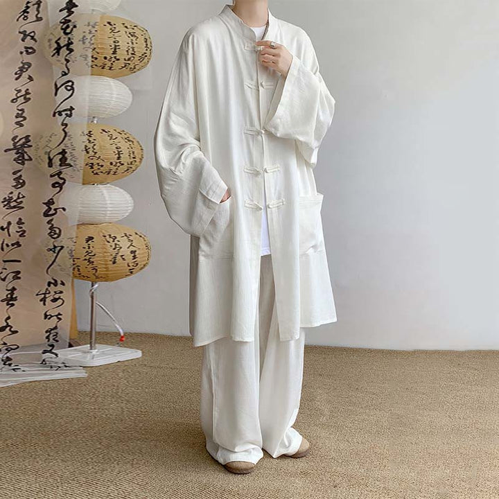 Buddha Stones 2 pezzi da uomo manica lunga rana-bottoni camicia pantaloni meditazione zen cotone abbigliamento set - Bianco - US/UK/AU46, EU56 (5XL) - image 3