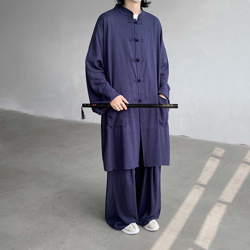 Buddha Stones 2 pezzi da uomo manica lunga rana-bottoni camicia pantaloni meditazione zen cotone abbigliamento set - SteelBlue - US/UK/AU46, EU56 (5XL) - image 10