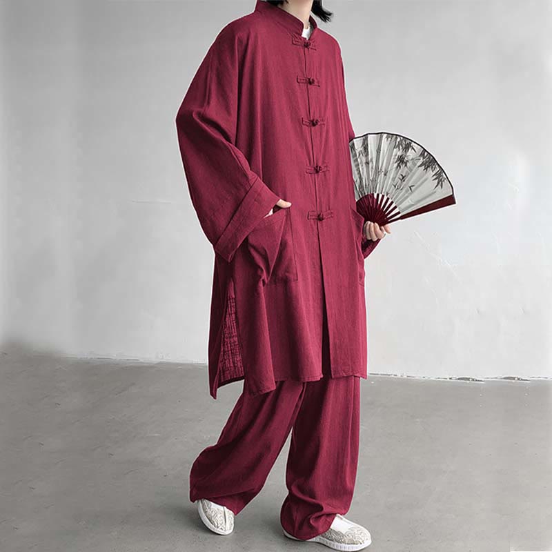 Buddha Stones 2 pezzi da uomo manica lunga rana-bottoni camicia pantaloni meditazione zen cotone abbigliamento set - FireBrick - US/UK/AU46, EU56 (5XL) - image 17