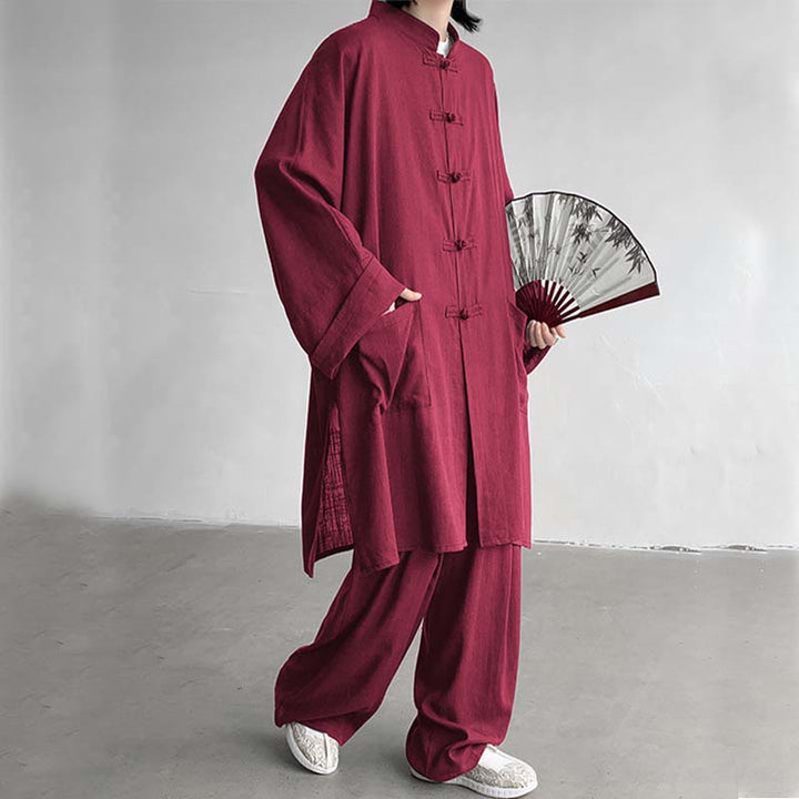 Buddha Stones 2 pezzi da uomo manica lunga rana-bottoni camicia pantaloni meditazione zen cotone abbigliamento set - FireBrick - US/UK/AU46, EU56 (5XL) - image 17