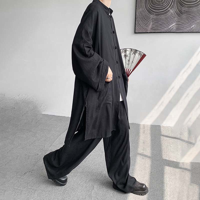 Buddha Stones 2 pezzi da uomo manica lunga rana-bottoni camicia pantaloni meditazione zen cotone abbigliamento set
