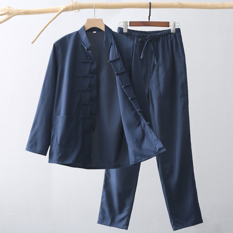 Set di 2 pezzi di abiti tradizionali da uomo con bottoni a rana, camicia a maniche lunghe e pantaloni, in Buddha Stones - SteelBlue - US/UK/AU44, EU54 (4XL) - image 0