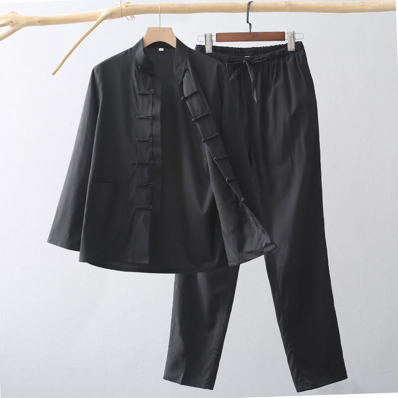 Set di 2 pezzi di abiti tradizionali da uomo con bottoni a rana, camicia a maniche lunghe e pantaloni, in Buddha Stones - Nero - US/UK/AU44, EU54 (4XL) - image 10