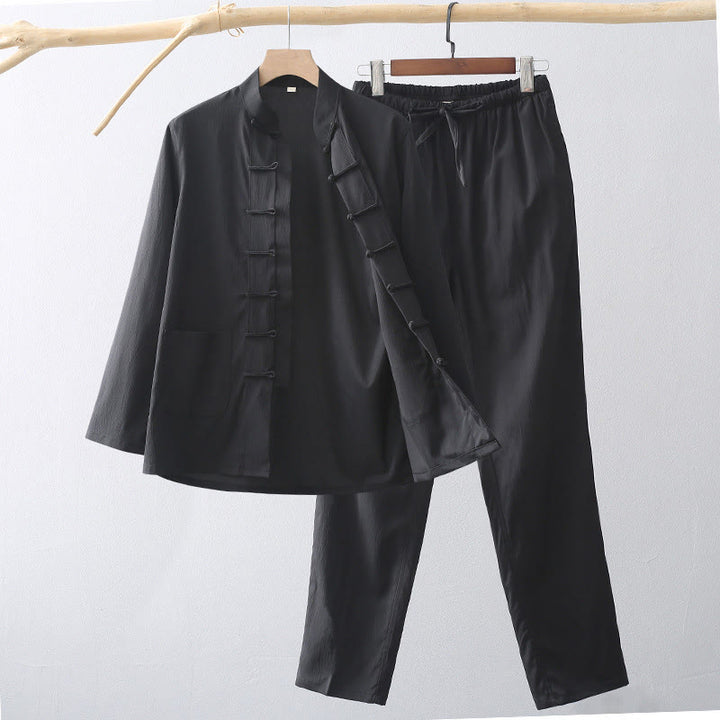 Set di 2 pezzi di abiti tradizionali da uomo con bottoni a rana, camicia a maniche lunghe e pantaloni, in Buddha Stones - Nero - US/UK/AU44, EU54 (4XL) - image 10