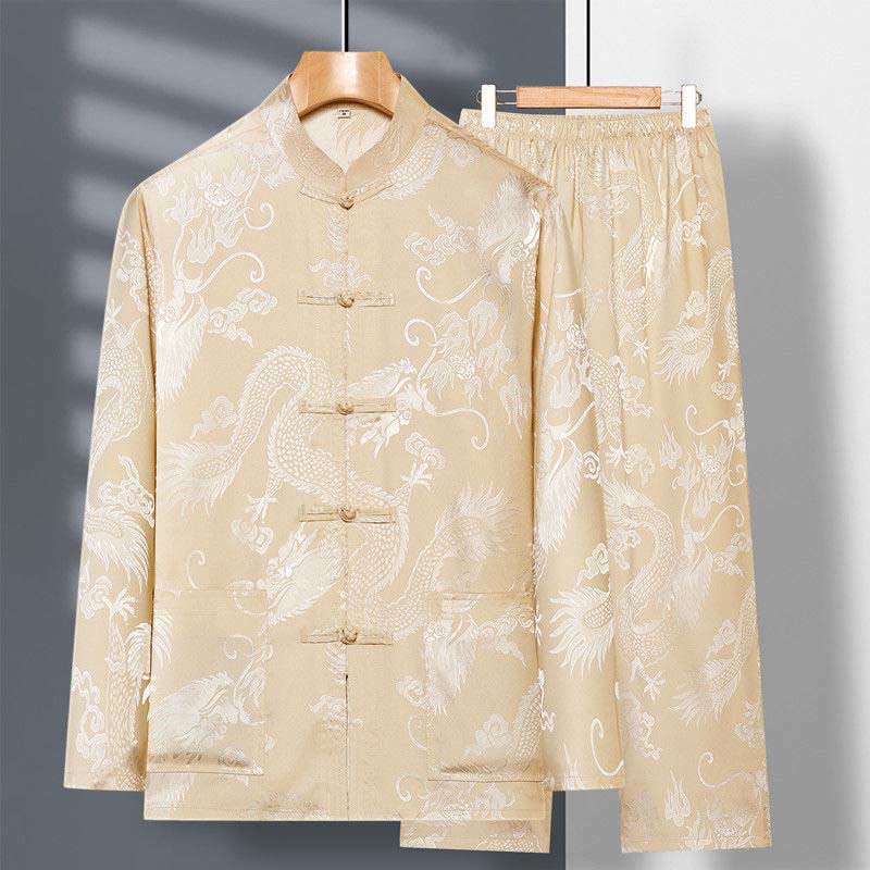 Buddha Stones 2 pezzi Tang Suit Drago Rana-bottone Uomo Manica Lunga Camicia Pantaloni Abbigliamento Set