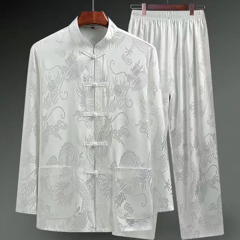 Buddha Stones 2 pezzi Tang Suit Drago Rana-bottone Uomo Manica Lunga Camicia Pantaloni Abbigliamento Set