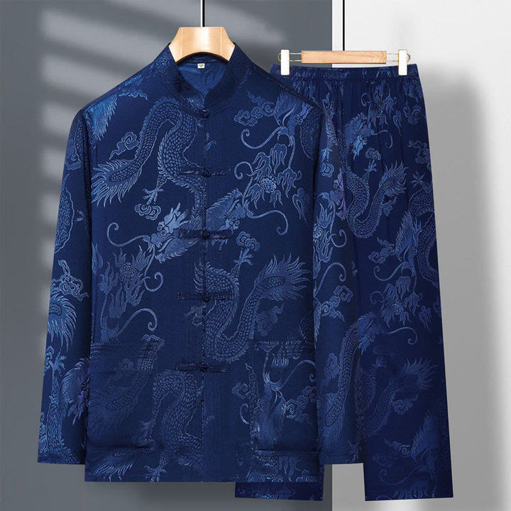 Buddha Stones 2 pezzi Tang Suit Drago Rana-bottone Uomo Manica Lunga Camicia Pantaloni Abbigliamento Set