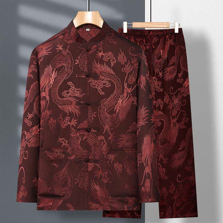 Buddha Stones 2 pezzi Tang Suit Drago Rana-bottone Uomo Manica Lunga Camicia Pantaloni Abbigliamento Set
