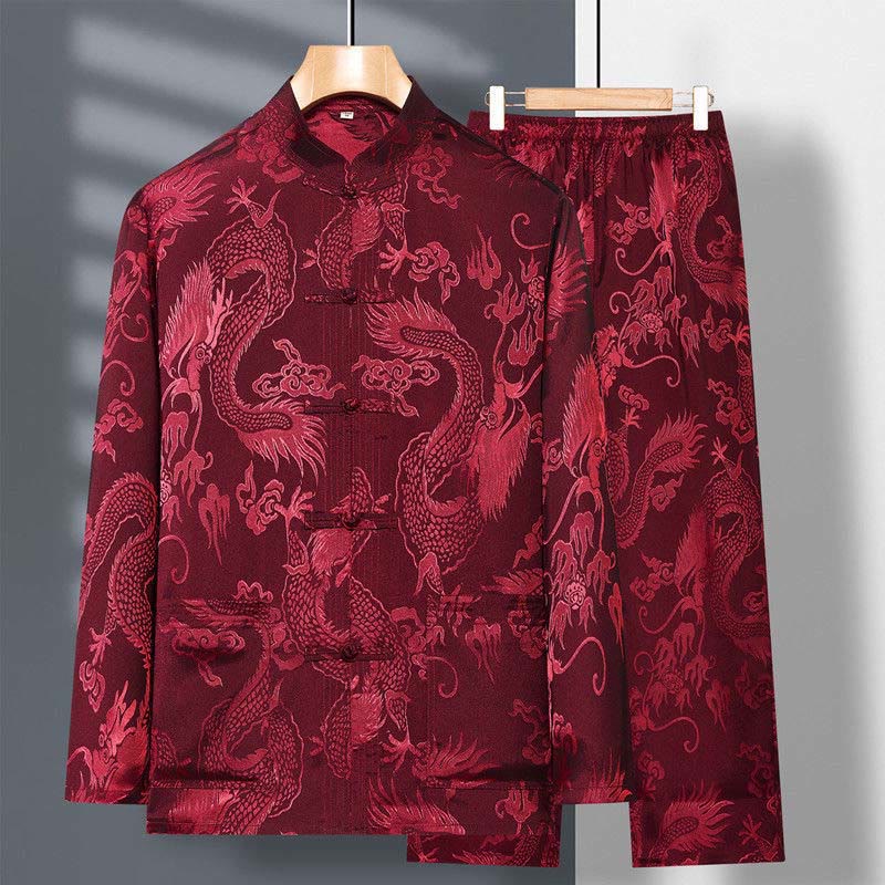 Buddha Stones 2 pezzi Tang Suit Drago Rana-bottone Uomo Manica Lunga Camicia Pantaloni Abbigliamento Set