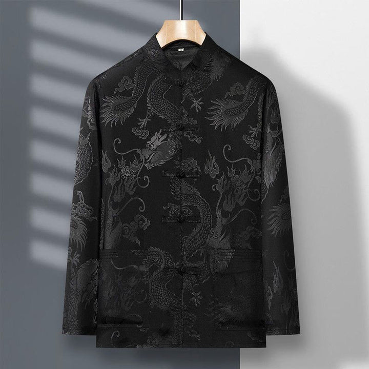 Buddha Stones 2 pezzi Tang Suit Drago Rana-bottone Uomo Manica Lunga Camicia Pantaloni Abbigliamento Set