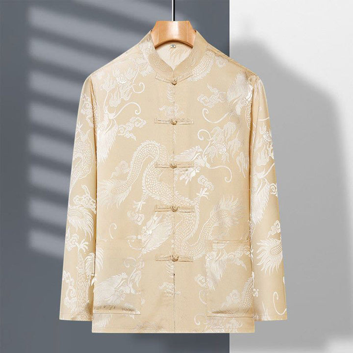 Buddha Stones 2 pezzi Tang Suit Drago Rana-bottone Uomo Manica Lunga Camicia Pantaloni Abbigliamento Set