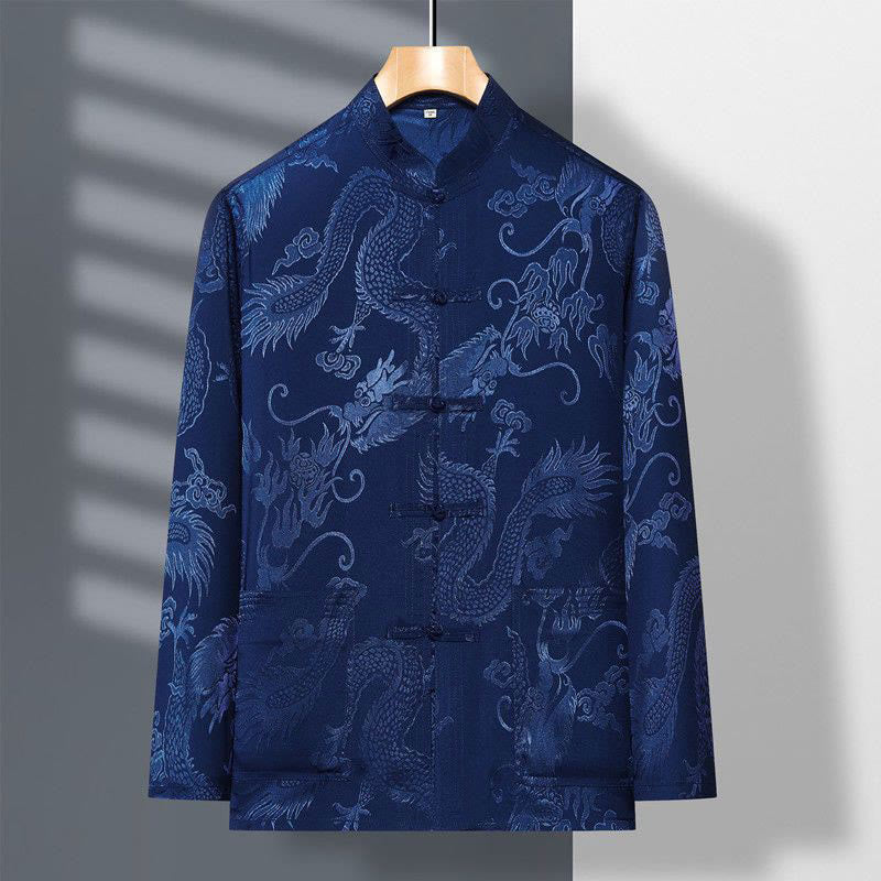 Buddha Stones 2 pezzi Tang Suit Drago Rana-bottone Uomo Manica Lunga Camicia Pantaloni Abbigliamento Set