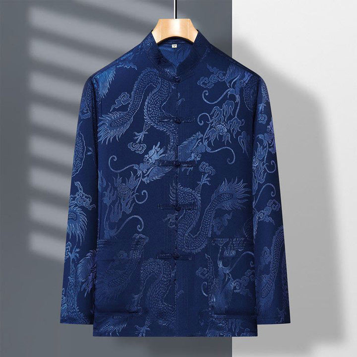 Buddha Stones 2 pezzi Tang Suit Drago Rana-bottone Uomo Manica Lunga Camicia Pantaloni Abbigliamento Set