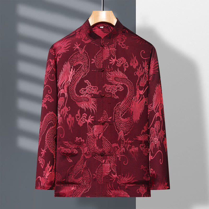 Buddha Stones 2 pezzi Tang Suit Drago Rana-bottone Uomo Manica Lunga Camicia Pantaloni Abbigliamento Set
