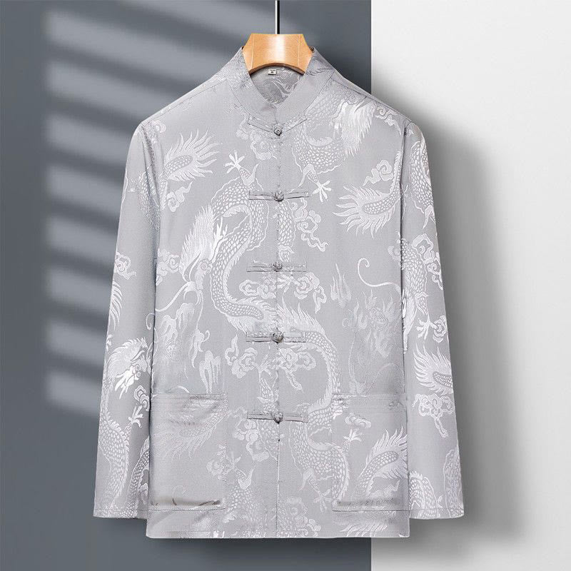 Buddha Stones 2 pezzi Tang Suit Drago Rana-bottone Uomo Manica Lunga Camicia Pantaloni Abbigliamento Set