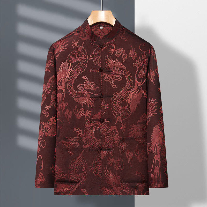 Buddha Stones 2 pezzi Tang Suit Drago Rana-bottone Uomo Manica Lunga Camicia Pantaloni Abbigliamento Set