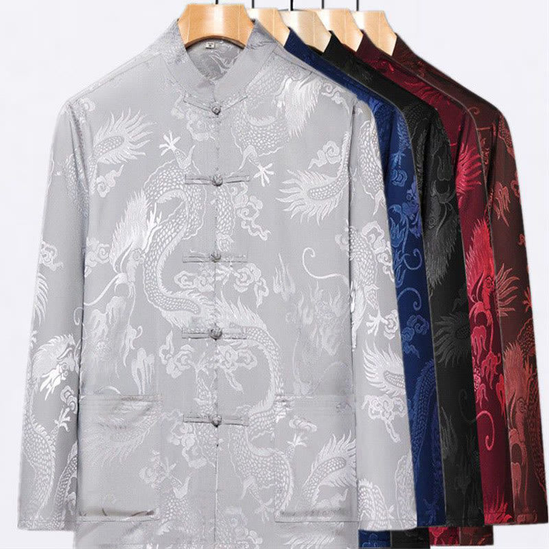 Buddha Stones 2 pezzi Tang Suit Drago Rana-bottone Uomo Manica Lunga Camicia Pantaloni Abbigliamento Set