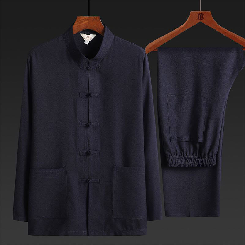 Buddha Stones 2 pezzi Tang Suit tinta unita Frog-Bottone uomo manica lunga camicia pantaloni set - Blu notte - Set da 2 pezzi - US/UK/AU44, EU54 (4XL) - image 0